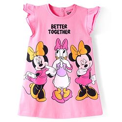 Babyhug Disney Single Jersey Knit Frill Sleeves Nighty with Minnie Mouse & Family Graphics - Pink