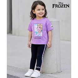 Babyhug Disney Single Jersey Knit Half Sleeves T-Shirt And Lounge Pants Set With Disney Princess Graphics - Lavender