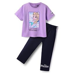 Babyhug Disney Single Jersey Knit Half Sleeves T-Shirt And Lounge Pants Set With Disney Princess Graphics - Lavender
