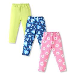 Babyhug Cotton Lycra Full Length Skinny Fit Leggings with Stretch Floral & Heart Print Pack of 3 - Pink Navy & Green