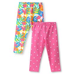 Babyhug Cotton Lycra Knit Full Length Leggings wit Polka Dots & Leaves Print Pack of 2 - Pink & White