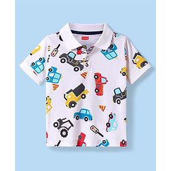 Babyhug Cotton Knit Half Sleeves Polo T-Shirt with Vehicle Print - White
