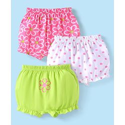 Babyhug 100% Cotton Knit Floral & Polka Dots Printed  Bloomers Pack of 3 - Green Pink & White