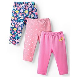 Babyhug Cotton Lycra Knit Full Length Floral & Heart Printed Leggings With Stretch Pack Of 3 - Pink Blue & Dark Pink