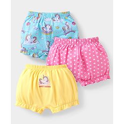 Babyhug 100% Cotton Knit Bloomers With Unicorn & Hearts Print Pack of 3 - Yellow Pink & Light Blue