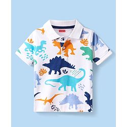 Babyhug Cotton Knit Half Sleeves Polo T-Shirt with Dino Print - White