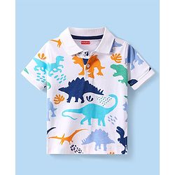 Babyhug Cotton Knit Half Sleeves Polo T-Shirt with Dino Print - White