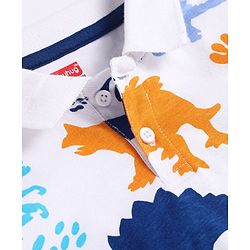 Babyhug Cotton Knit Half Sleeves Polo T-Shirt with Dino Print - White