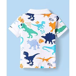 Babyhug Cotton Knit Half Sleeves Polo T-Shirt with Dino Print - White