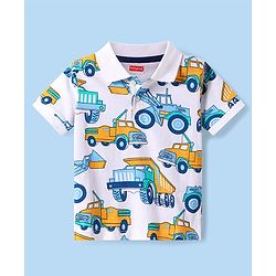 Babyhug Cotton Knit Half Sleeves Polo T-Shirt with Vehicle Print - White