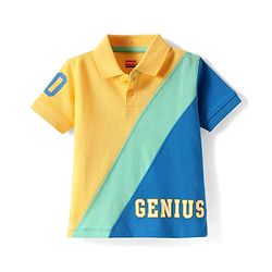 Babyhug Cotton Knit Half Sleeves Cut & Sew Polo T-Shirt with Genius Text Print - Yellow Blue