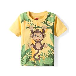 Babyhug Cotton Knit Half Sleeves T-Shirt with Monkey Print - Yellow