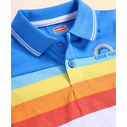 Babyhug Cotton Knit Half Sleeves Cut & Sew Polo T-shirt with Text Embroidery & Stripes - Blue & White
