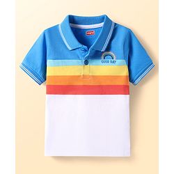 Babyhug Cotton Knit Half Sleeves Cut & Sew Polo T-shirt with Text Embroidery & Stripes - Blue & White