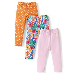 Babyhug Cotton Lycra Knit Full Length Leggings with Stretch Polka Dots & Floral Print Pack Of 3 - Pink & Mustard