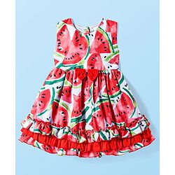 Babyhug Cotton Knit Sleeveless Frock with Frill Detailing & Tropical Print - Red