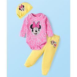 Babyhug Disney Interlock Knit Full Sleeves Onesies with Cap and Bootie Leggings Set with Minnie Mouse Graphics - Pink & Yellow
