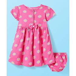 Babyhug Single Jersey Knit Half Sleeves Frock & Bloomer with Floral Print & Bow Applique - Pink
