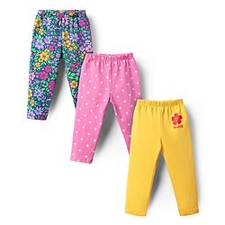Babyhug Cotton Lycra Full Length Leggings Polka Dots & Floral Print Pack of 3 - Pink Yellow & Blue
