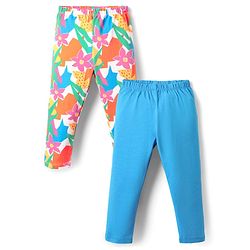 Babyhug Cotton Knit Full Length Leggings With Floral Print Pack Of 2 - Blue & White