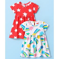 Babyhug Single Jersey Knit Half Sleeves Frocks with Stars Print & Bow Applique Pack of 2 - Red & White