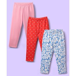 Babyhug Cotton Knit Full Length Leggings With Polka Dots & Floral Print Pack Of 3 - Red Pink & Light Blue