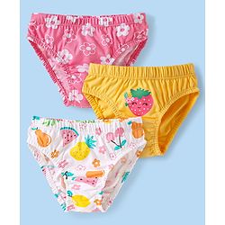 Babyhug 100% Cotton Knit Panties with Floral & Strawberry Print Pack of 3 - Pink Yellow & White