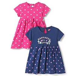 Babyhug Single Jersey Knit Half Sleeves Hearts & Text Glitter Printed Frocks with Bow Applique Pack of 2 - Navy Blue & Dark Pink