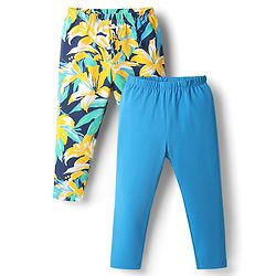 Babyhug Cotton Lycra Knit Full Length Leggings With Floral Print Pack Of 2 - Light Blue & Yellow
