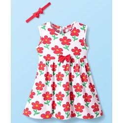 Babyhug Single Jersey Knit Sleeveless Floral Printed Frock with Headband & Bow Applique - White