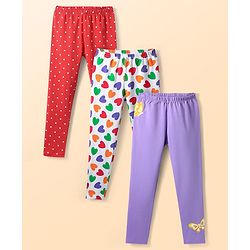 Babyhug Cotton Lycra Knit Full Length Leggings With Stretch & Polka Dots & Hearts Print Pack Of 3 - Multicolour
