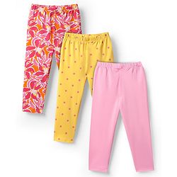 Babyhug Cotton Lycra Knit Full Length Floral & Polka Dots Printed Leggings With Stretch Pack Of 3 - Pink Yellow & Red