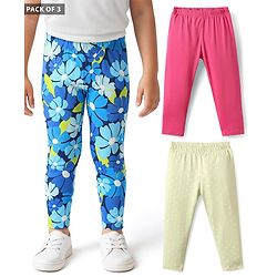 Babyhug Cotton Lycra Full Length Leggings with Floral Print Pack of 3 - Blue Pink & Offwhite