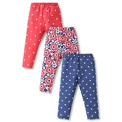 Babyhug Cotton Lycra Full Length Skinny Fit Leggings with Stretch Floral Heart & Polka Dot Print Pack of 3 - Navy & Red