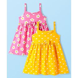 Babyhug Single Jersey Knit Singlet Sleeves Heart & Floral Printed Dresses With Bow Applique Pack of 2 - Yellow & Pink