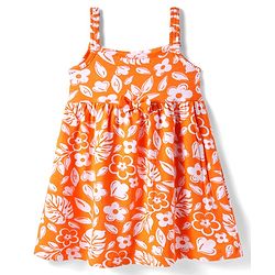 Babyhug Single Jersey Knit Sleeveless Frock With Bloomer with Floral Print & Bow Applique - Orange & White