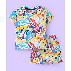 Babyhug Single Jersey Knit Half Sleeves T-Shirt & Shorts Set with Color Splash Print - White Yellow & Blue