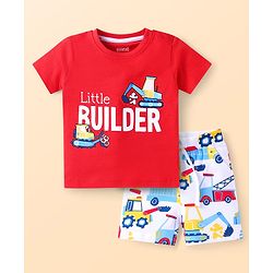 Babyhug Single Jersey Knit Half Sleeves T-Shirt & Shorts Set with Construction Vehicle Print - Red