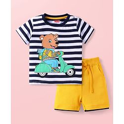Babyhug Single Jersey Knit Half Sleeves T-Shirt & Shorts Bear Print - Yellow & Navy