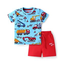 Babyhug Single Jersey Knit Half Sleeves T-Shirt & Shorts Set with Vehicle Print - Red & Blue