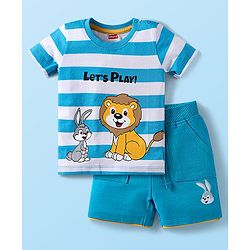 Babyhug Single Jersey Knit Half Sleeves T-Shirt & Shorts Set with Animal Print & Stripes - Light Blue