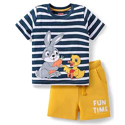 Babyhug Single Jersey Knit Half Sleeves Striped Shirts & Shorts Set With Bunny Print -  Blue & Yellow