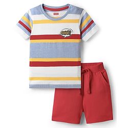 Babyhug Single Jersey Knit Half Sleeves Striped T-Shirt & Shorts Set With Cool Print - Multicolor