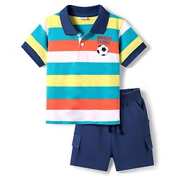 Babyhug Single Jersey Knit Half Sleeves Striped Polo T-Shirt & Shorts Set with Text Print - Navy Blue