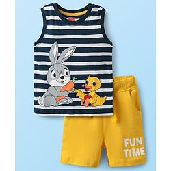Babyhug Single Jersey Knit Half Sleeveless Tank T-Shirt & Shorts Set with Stripes & Bunny Print - Yellow White & Navy Blue