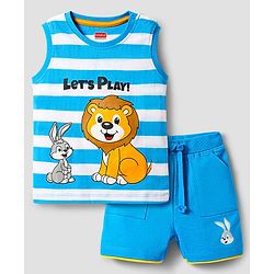 Babyhug Single Jersey Knit Sleeveless Tank Striped T-Shirt & Shorts Set with Animal Print - Light Blue