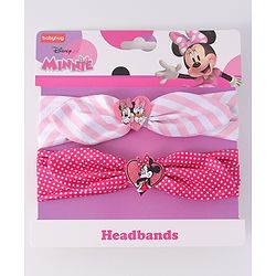 Babyhug Disney Free Size Headbands With Minnie Mouse Bow Applique Polka Dots & Striped Prints Pack of 2 - Fuchsia & Pink