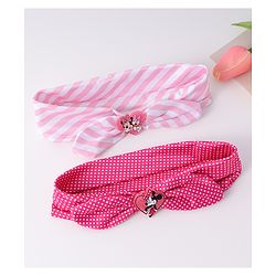 Babyhug Disney Free Size Headbands With Minnie Mouse Bow Applique Polka Dots & Striped Prints Pack of 2 - Fuchsia & Pink