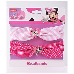 Babyhug Disney Free Size Headbands With Minnie Mouse Bow Applique Polka Dots & Striped Prints Pack of 2 - Fuchsia & Pink