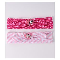 Babyhug Disney Free Size Headbands With Minnie Mouse Bow Applique Polka Dots & Striped Prints Pack of 2 - Fuchsia & Pink